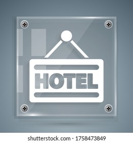 White Signboard outdoor advertising with text Hotel icon isolated on grey background. Square glass panels. Vector Illustration