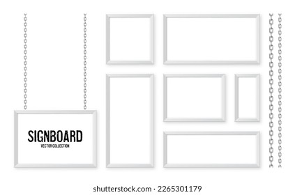 White signboards hanging on a metal chain. Restaurant menu board. Modern poster mockup. Blank photo or picture frame. Advertising or presentation boards. Street banner. Vector illustration