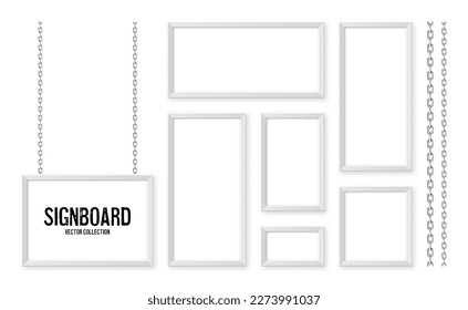 White signboards hanging on a metal chain. Restaurant menu board. Modern poster mockup. Blank photo or picture frame. Advertising or presentation boards. Street banner. Vector illustration