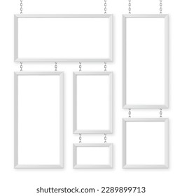 White signboards hanging on a metal chain. Restaurant menu board. Modern poster mockup. Blank photo or picture frame. Advertising or presentation boards. Street banner. Vector illustration