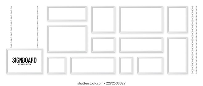 White signboards hanging on a metal chain. Restaurant menu board. Modern poster mockup. Blank photo or picture frame. Advertising or presentation boards. Street banner. Vector illustration