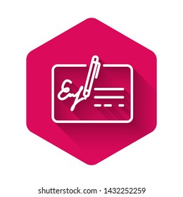 White Signed document line icon isolated with long shadow. Pen signing a contract with signature. Edit document sign. Pink hexagon button. Vector Illustration