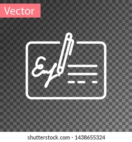 White Signed document line icon isolated on transparent background. Pen signing a contract with signature. Edit document sign. Vector Illustration