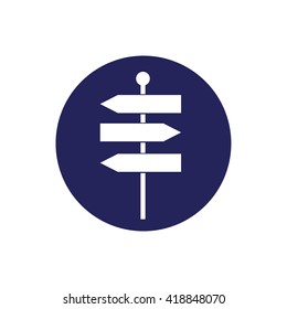 White signpost icon vector illustration. Blue circle. Blue button