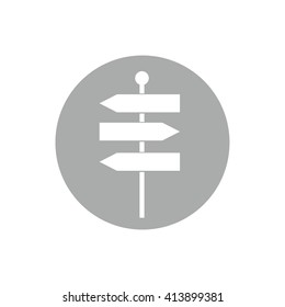 White signpost vector icon illustration. Gray circle. Gray button