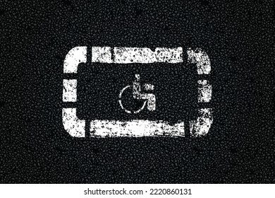 White signs handicapped spot on tarmac road top view. Disabled parking area. Urban traffic mark vector illustration. Background with old paint texture on asphalt surface.