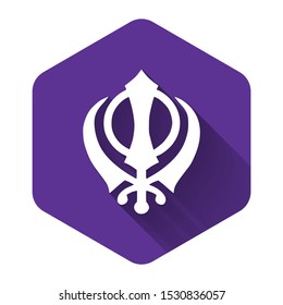 White Sikhism religion Khanda symbol icon isolated with long shadow. Khanda Sikh symbol. Purple hexagon button. Vector Illustration