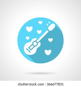 White silhouette acoustic guitar and hearts. Romantic serenades, melody wedding proposal, musical greeting. Blue vector icon with long shadow. Valentines Day series. Design element for website, app.