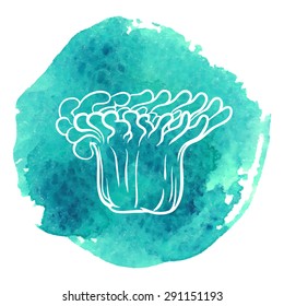 White silhouette of Actinia - a common inhabitant of the coral reefs isolated on top of the traced watercolor spot. EPS10 vector illustration.