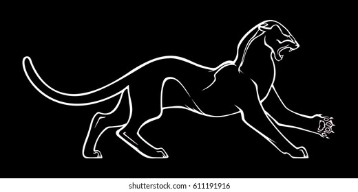 White silhouette of aggressive panther on black background. Vector illustration. Outline image.