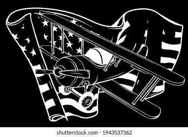 white silhouette of airPlane with america flag on black background