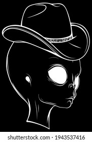 white silhouette of alien head with hat on black background