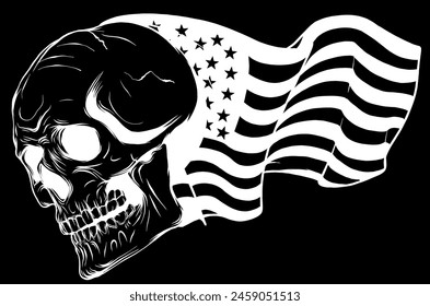 white silhouette of American flag with gold skull on black background