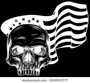 white silhouette of American flag with skull on black background vector illustration design