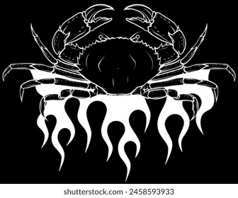 white silhouette of Angry crab with claws on flames on black background