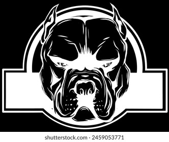 Silueta blanca de Angry Pitbull Dog Cartoon sobre fondo negro