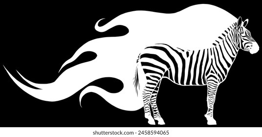 white silhouette of Animal illustration of vector zebra with flames on black background
