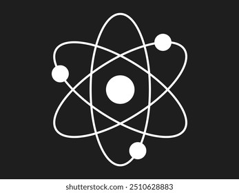 White silhouette of an atom with orbiting electrons isolated on a black background. Concept of science, physics, atomic structure, minimalism. Icon, symbol, design element.