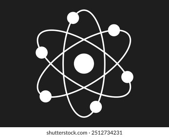 White silhouette of an atom with orbiting electrons isolated on a black background. Concept of science, physics, atomic structure, minimalism. Icon, symbol, design element.