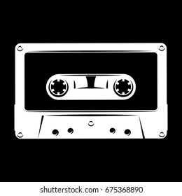 White silhouette of audio cassette on black background. vector illustration.