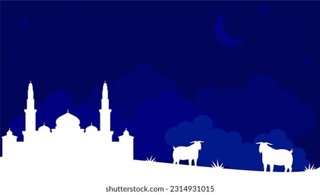 White silhouette background of mosque and goat on blue cloudy night suitable for eid al adha celebration poster, banner, greeting card, wallpaper etc. vector illustration