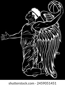 white silhouette of basketball player, ball on black background vector illustration