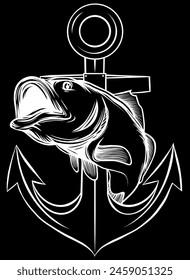 white silhouette of bass fish with anchor on black background