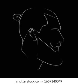 White Silhouette Of A Bearded Man. Flat Illustration Of Male Face. Guy With Top Knot. Linear Head Icon