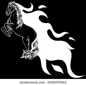 white silhouette of Beautiful black fiery horse isolated on black background