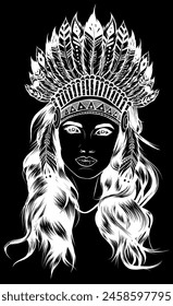 white silhouette of Beautiful girl in a headdress of North American Indians on black background