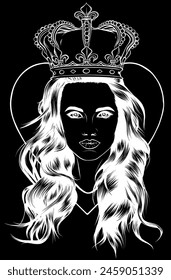 white silhouette of Beautiful girl with long hair in a crown on black background