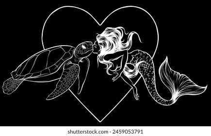 white silhouette of Beautiful little mermaid and turtle vector illustration