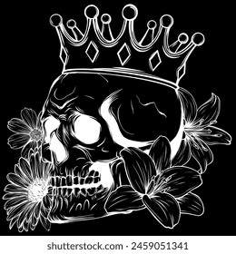 white silhouette of Beautiful romantic skull with crown and elegant wreath of flowers on black background