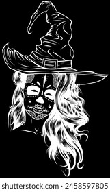 white silhouette of beautiful witch in a classic hat and hair on black background