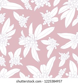  White silhouette of berries with leafs on soft baby pink background, seamless vector pattern.