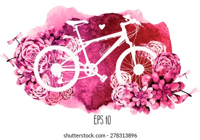 White silhouette of bicycle with succulent design and watercolor texture on background. Card isolated on white background