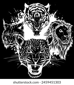 white silhouette of big cats vector set. Illustration of cougar, jaguar, leopard, lion, tiger, cheetah, snow leopard.