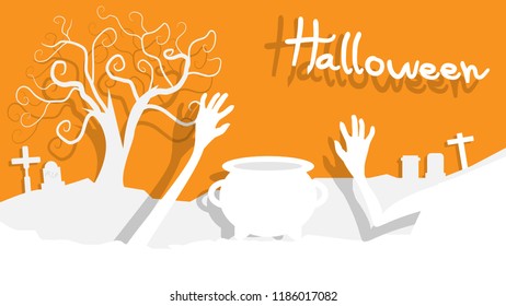White Silhouette Boiling pot and Evil hand with Spooky forest in Halloween night