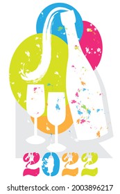 White silhouette of bottle and glasses with colored background to celebrate two thousand twenty-two