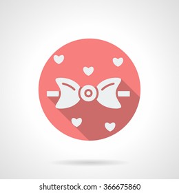 White silhouette bow tie with hearts around. Festive accessory. Round pink vector icon with long shadow. Valentines Day series. Design element for website, mobile app.