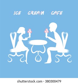 white silhouette of a boy and a girl, sitting on chairs at a table with an ice cream cafe inscription vector blue background