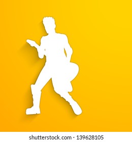 White silhouette of a boy with guitar on yellow background.