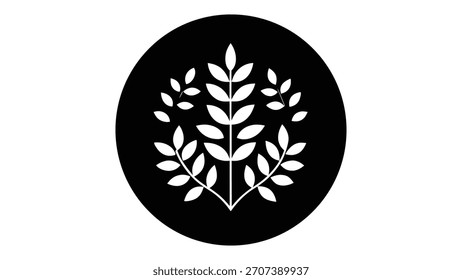 White Silhouette of Branches with Leaves Inside a Black Circle