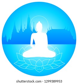 White silhouette Buddha in Buddhism sitting on a lotus, blue background in circle shape