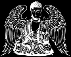 Silueta Blanca De Buddha Flying Emblemon Ilustración Vectorial De Fondo Negro
