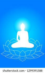 White silhouette Buddha Siddhartha gautama in Buddhism sitting on a lotus, blue background