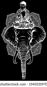 white silhouette of buddha statue above head of elephant vector
