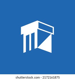 White silhouette of building vector logo isolated on blue background. Logo for company, construction, real estate, building, and civil engineering.