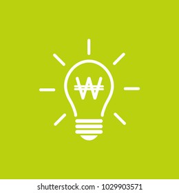 White silhouette of bulb with rays and korean won sign. Flat icon. Isolated on green background. New business idea icon. Money save label. Vector illustration.