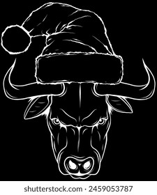 white silhouette of bull with bangs in a red Santa s hat on black background